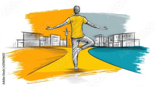 Woman practicing yoga in cityscape with water and building backdrop, sketch-style illustration