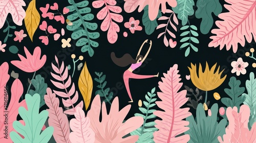 Artistic Illustration of a Girl Dancing among Colorful Nature and Plant Elements