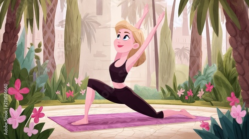 Woman Practicing Yoga in Forest with Sunlight and Flowers