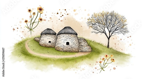 Artistic illustration of traditional round stone houses on grassy hill with flowering plants and tree