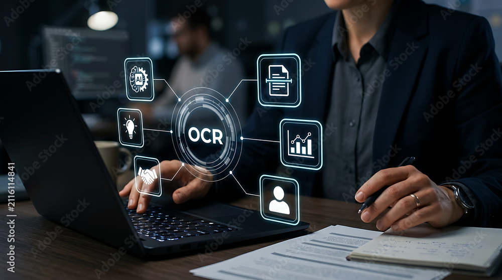 Fototapeta premium Businessman holding ocr optical character recognition icon technology
