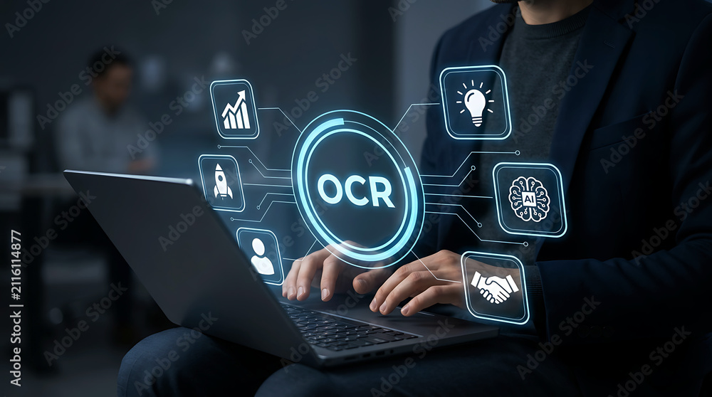 Fototapeta premium Businessman using laptop for ocr optical character recognition ai