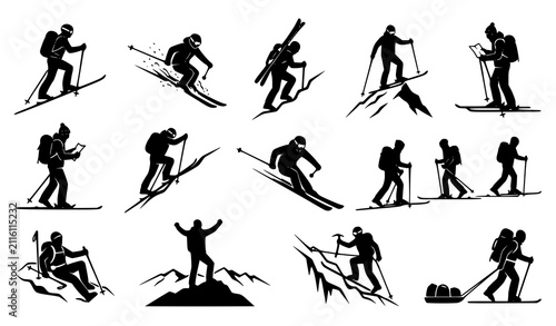 Bild auf Leinwand Backcountry ski mountaineering silhouette collection with skier backpack ice axe