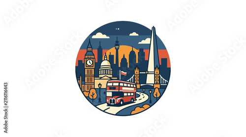 London Skyline Silhouette with Double-Decker Bus and Famous Landmarks