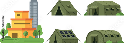 Obraz na płótnie Military camp vector icon set featuring green army tents base headquarters build