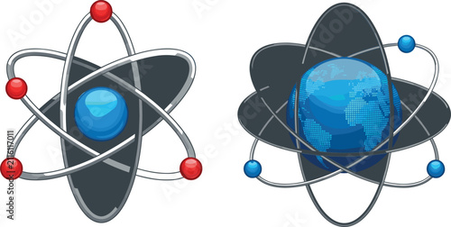 Foto Science atom icon set with blue earth globe model physics nucleus core and orbit
