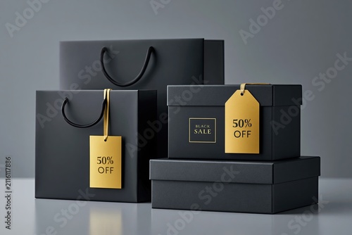 shopping bags and gift boxes with gold sale tags retail service