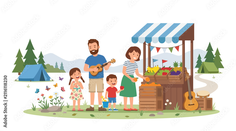 Fototapeta premium A happy family enjoys a day at an outdoor fruit stand near their campsite, with the father playing a ukulele while the mother and kids pick snacks.