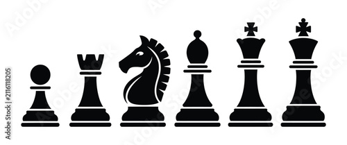 Foto Chess Piece Silhouette Icons, all standard chess figures for competition, tactic