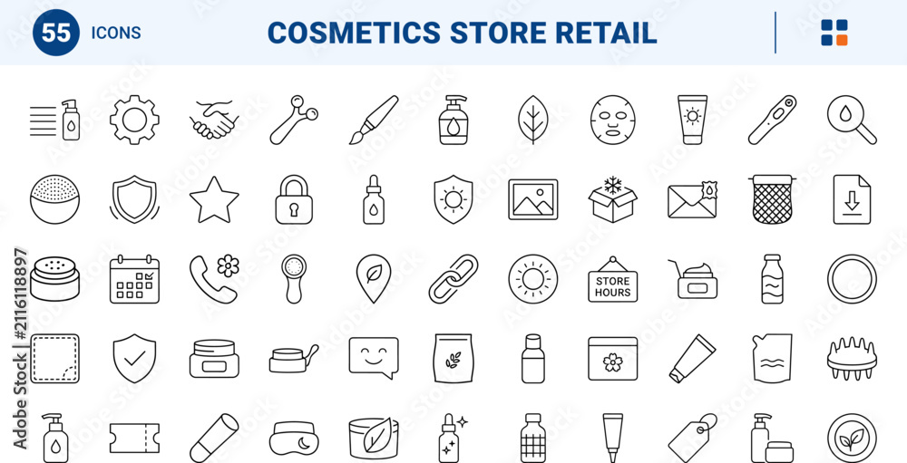 Fototapeta premium J beauty store line icon set. Vector pictograms of skincare, cosmetics, interface, and trust elements, thin linear illustration.
