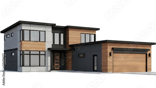Modern two story house with wood siding and garage