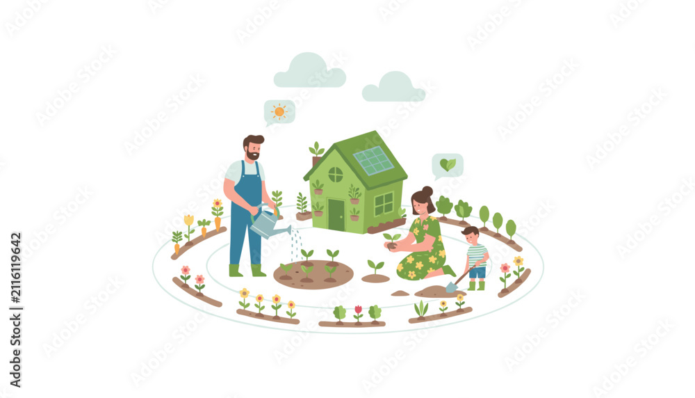 Naklejka premium Family gardening together near a sustainable green home featuring solar panels while tending to various sprouts and flowers.