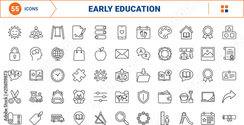 Early childhood education line icon set. Vector pictograms of preschool, language learning, kindergarten, and classroom elements, thin linear illustration.