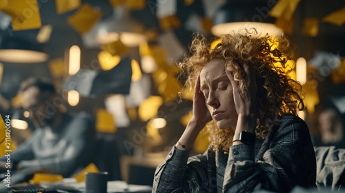 Woman with headache or stress in office environment with paper chaos