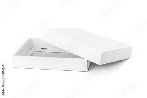 Blank open white cardboard box mockup with lid isolated on white background
