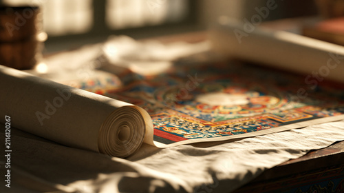 thangka. Thangka scroll curved on linen cloth, hand-painted Buddha face with mineral pigments, sacred art and mindfulness display concept, event programs.