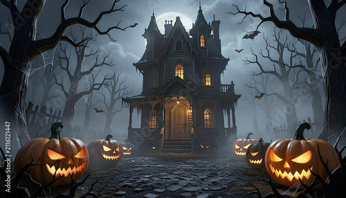 Haunted house with jack o lanterns atmospheric 3d rendering scene