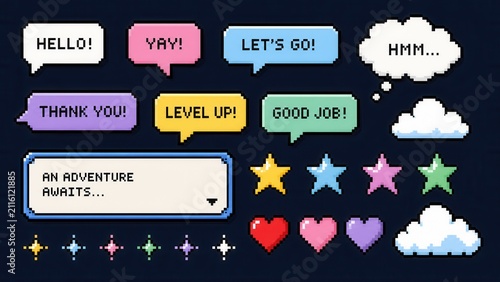 Retro pixel art game interface elements with speech bubbles hearts stars and dialogue boxes set