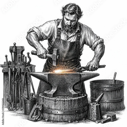 Blacksmith forging hot metal on anvil engraving sketch traditional metalworking craftsman illustration artwork