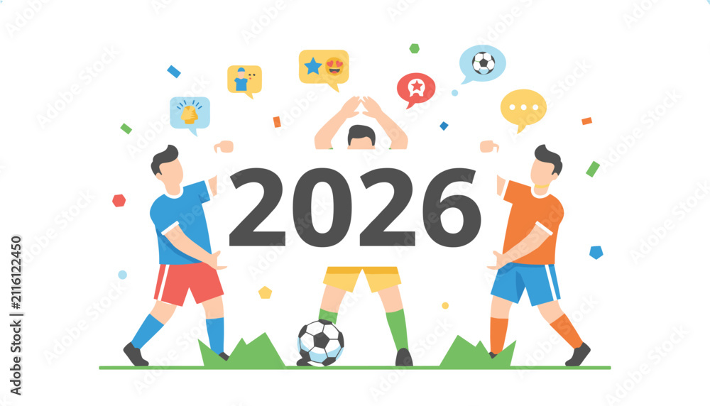 Fototapeta premium Three soccer players celebrate the year 2026 with confetti and sport icons in a vibrant and festive flat vector graphic design.