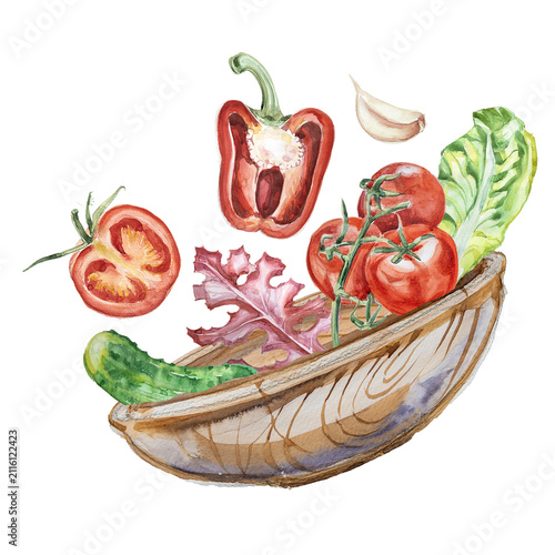 Watercolor salad ingredients flying into wooden bowl isolated on white background