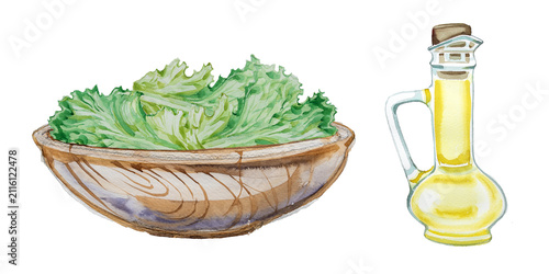 Watercolor green lettuce leaves in wooden bowl and olive oil bottle isolated on white background