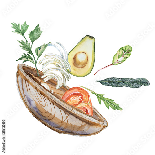 Watercolor fresh vegetable salad illustration hand painted healthy food lettuce tomatoes and olive oil isolated on white background