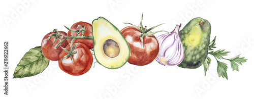 Watercolor fresh vegetables border with tomatoes avocado garlic and herbs isolated on white background