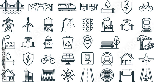 City infrastructure urban planning public utilities civil engineering line icon set for municipal smart construction development vectors