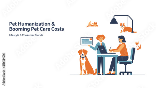 Pet Humanization and Booming Pet Care Costs: Analyzing Lifestyle and Consumer Trends with People, Dogs, and Cats in a Modern Illustration