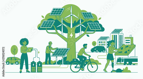 Eco-friendly urban community embracing sustainable energy solutions, solar power, wind turbines, green transport, and a healthy environment for a better future.