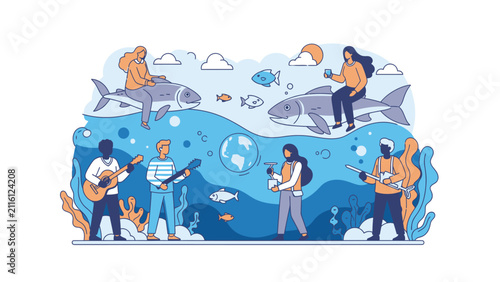Diverse group of people enjoying nature and music, with fish and globe symbolizing environmental connection and harmony