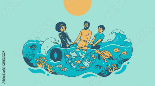 Diverse group of people and marine animals working together to clean up ocean pollution, symbolizing environmental protection and teamwork.
