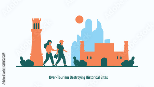 Over-tourism concept: tourists walking past historical buildings, symbolizing destruction and damage to cultural heritage sites.