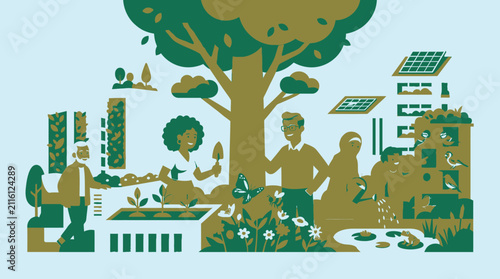 Sustainable community living illustration depicting people engaged in gardening, planting trees, and utilizing green energy for a healthier environment.