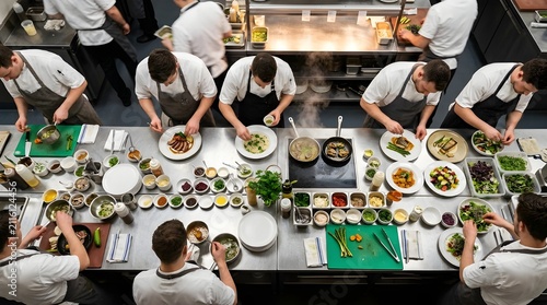 Professional chefs preparing gourmet dishes in a high-end commercial restaurant kitchen from an overhead perspective
