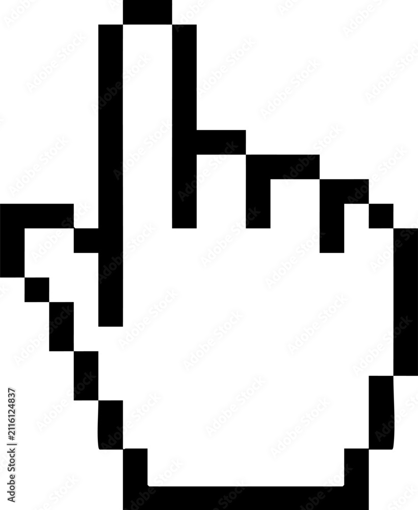 Fototapeta premium Black and white pixel art hand mouse cursor icon pointing up used for computer interface design and web navigation systems Vector