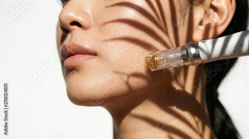 Microneedling derma pen treatment on woman face with aesthetic tropical palm leaf shadow.
