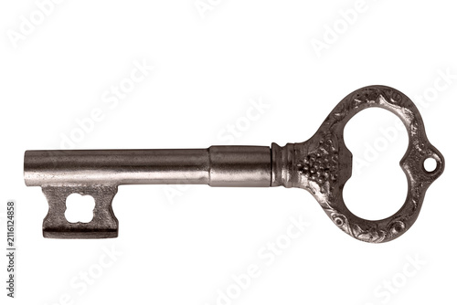 Old-fashioned silver skeleton key with ornate details, isolated on transparent background, ideal for concepts of security, access, and nostalgia.
