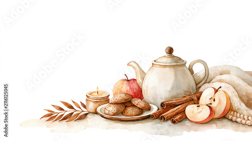 Rustic autumn still life with teapot, cookies, apples, and aromatic elements