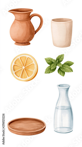 Watercolor elements: ceramic pitcher, wooden cup and tray, lemon slice, basil leaves, glass carafe