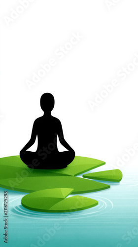 Silhouette meditating on lily pad in serene water scene
