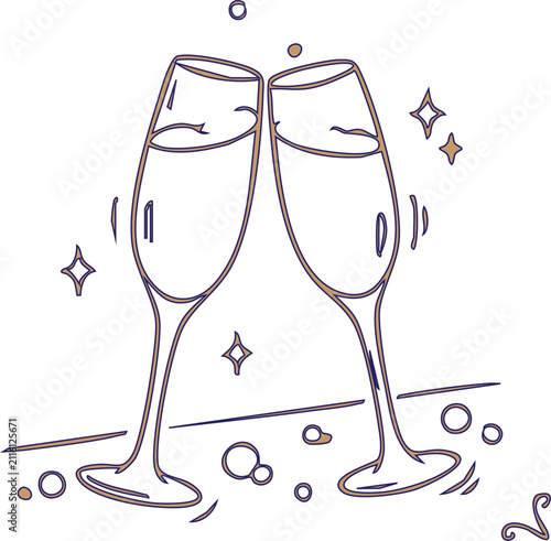 Hand drawn doodle illustration of two champagne glasses clinking together for a celebration isolated on white background Vector