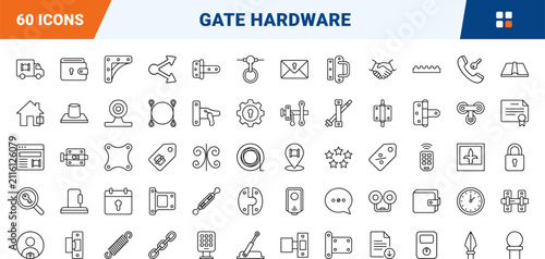 Hardware line icon set. Vector pictograms of gate, latch, hinge, and lock elements, thin linear illustration.