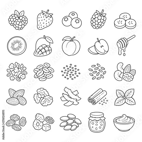 Line art of various fruits, nuts, and spices in a grid pattern.