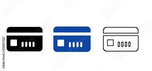 Credit card icon set. Bank payment symbols in solid black, blue, and line outline styles. Vector illustration for e-commerce and banking interface.