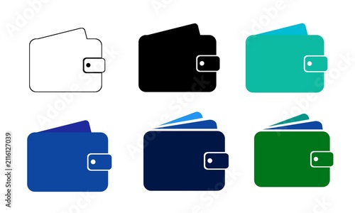 Wallet icon set. Collection of pocketbook and billfold symbols with cash sticking out in various styles including line outline, solid black, navy blue, and green. Vector illustration for finance and p