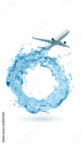 Airplane emerging from dynamic water splash in white background