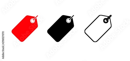 Price tag and retail label icon set. Blank shopping tags with strings in red, solid black, and outline styles. Vector illustration.
