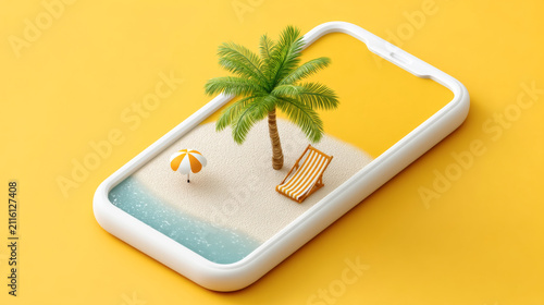Smartphone beach scene with palm tree on yellow background